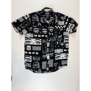 Hot Topic Mens Black White Graphic‎ Print Rayon Short Sleeve Button Up Shirt M